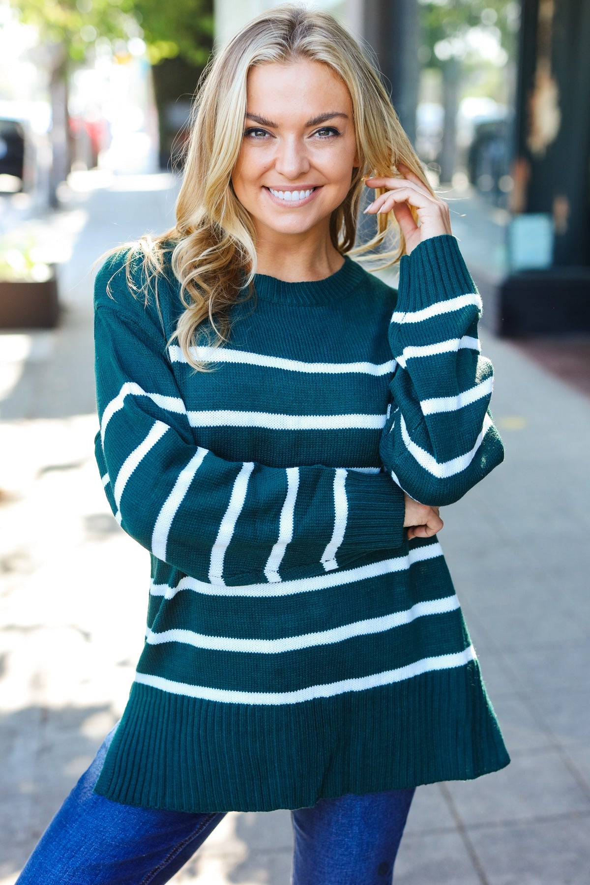 Stand Out Striped Oversized Knit Sweater - Hunter Green