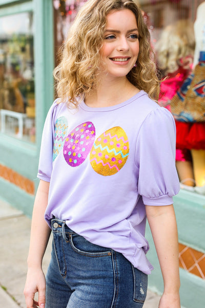 Turn Heads Sequin Easter Egg Terry Top in Lilac