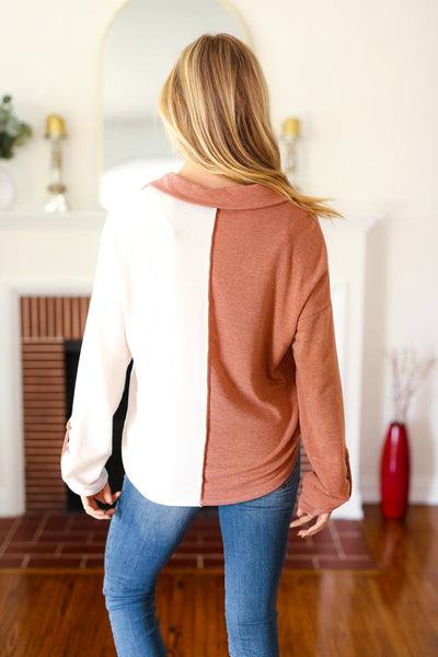 Start Your Day Half & Half Collared Notched Neck Top in Rust