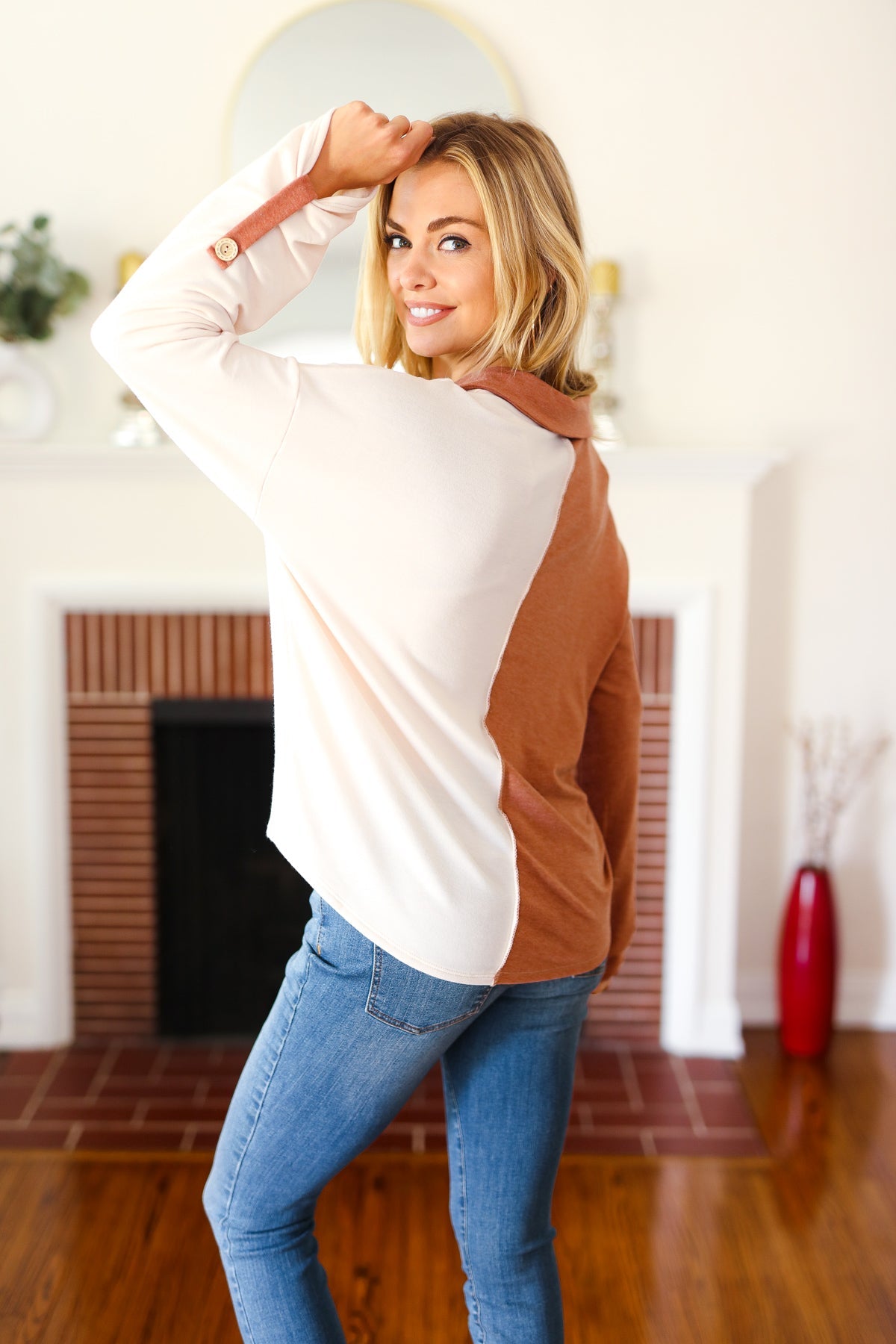 Start Your Day Half & Half Collared Notched Neck Top in Rust