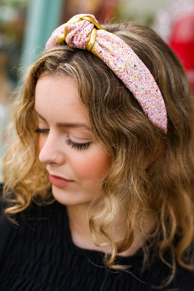 Glitter Top Knot Headband in Pink + Gold