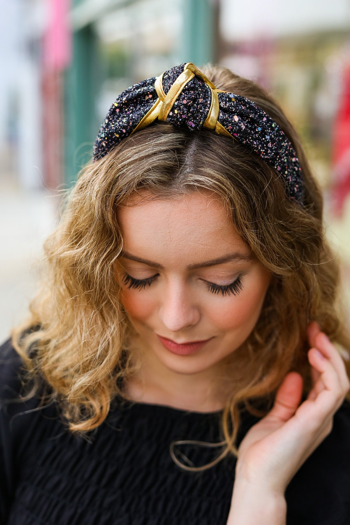 Glitter Top Knot Headband in Black + Gold
