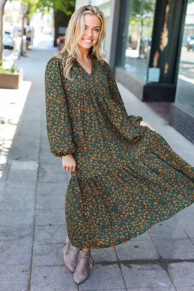 Beautiful You Floral Tiered Maxi Dress - Hunter Green