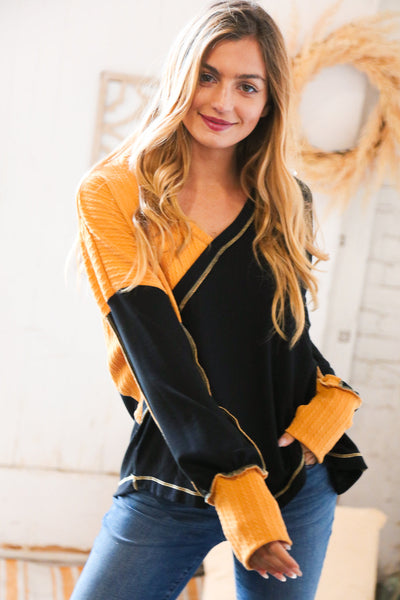 Mustard Cable Knit Outseam V Neck Thumbhole Sweater