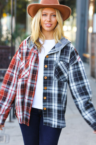 All Put Together Plaid Colorblock Hoodie Shacket