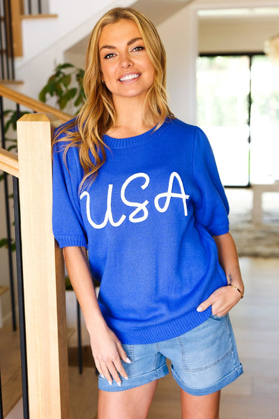 USA Embroidery Puff Sleeve Sweater Top in Blue