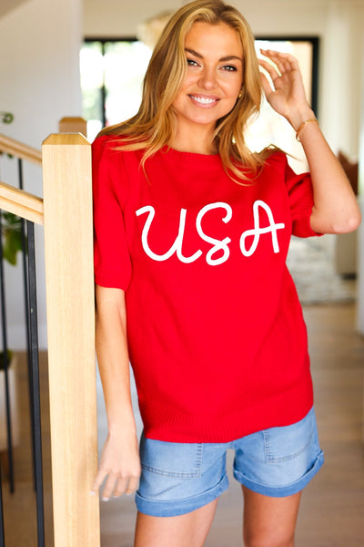 USA Embroidery Puff Sleeve Sweater Top in Red