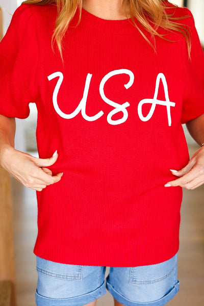 USA Embroidery Puff Sleeve Sweater Top in Red