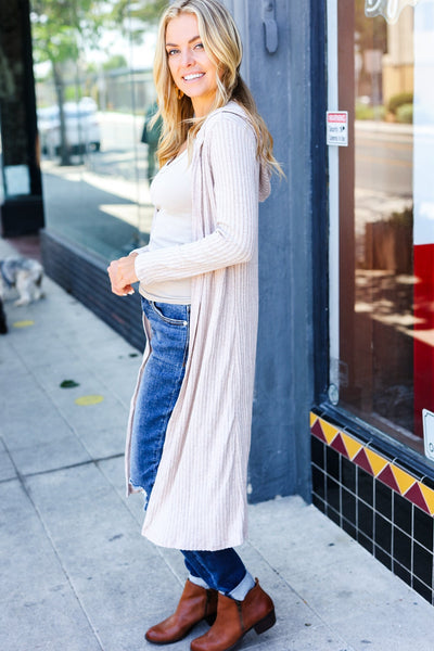 Casual Chic Ribbed Hooded Cardigan - Taupe