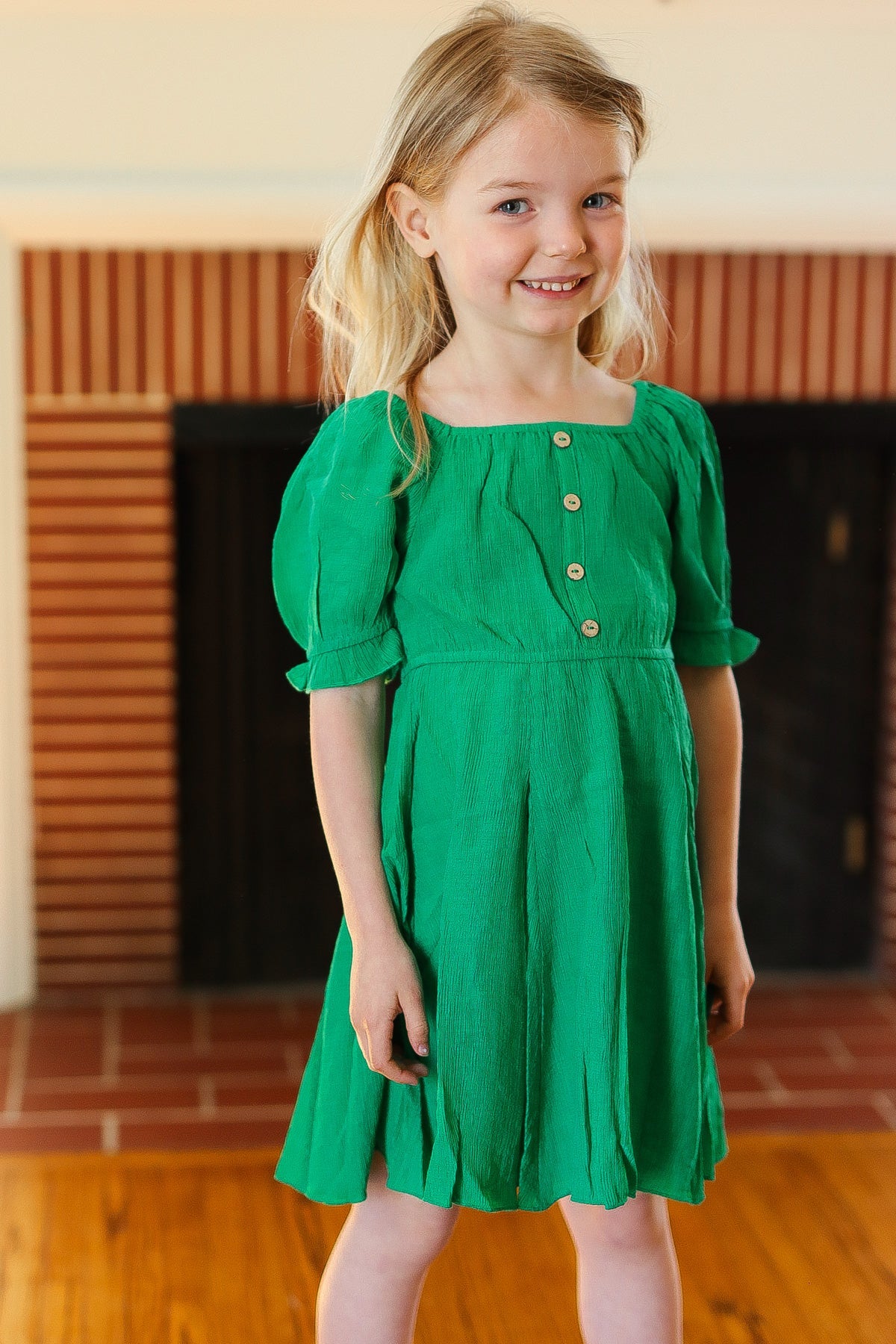 Kids Adorable Green Button Square Neck Ruche Back Dress