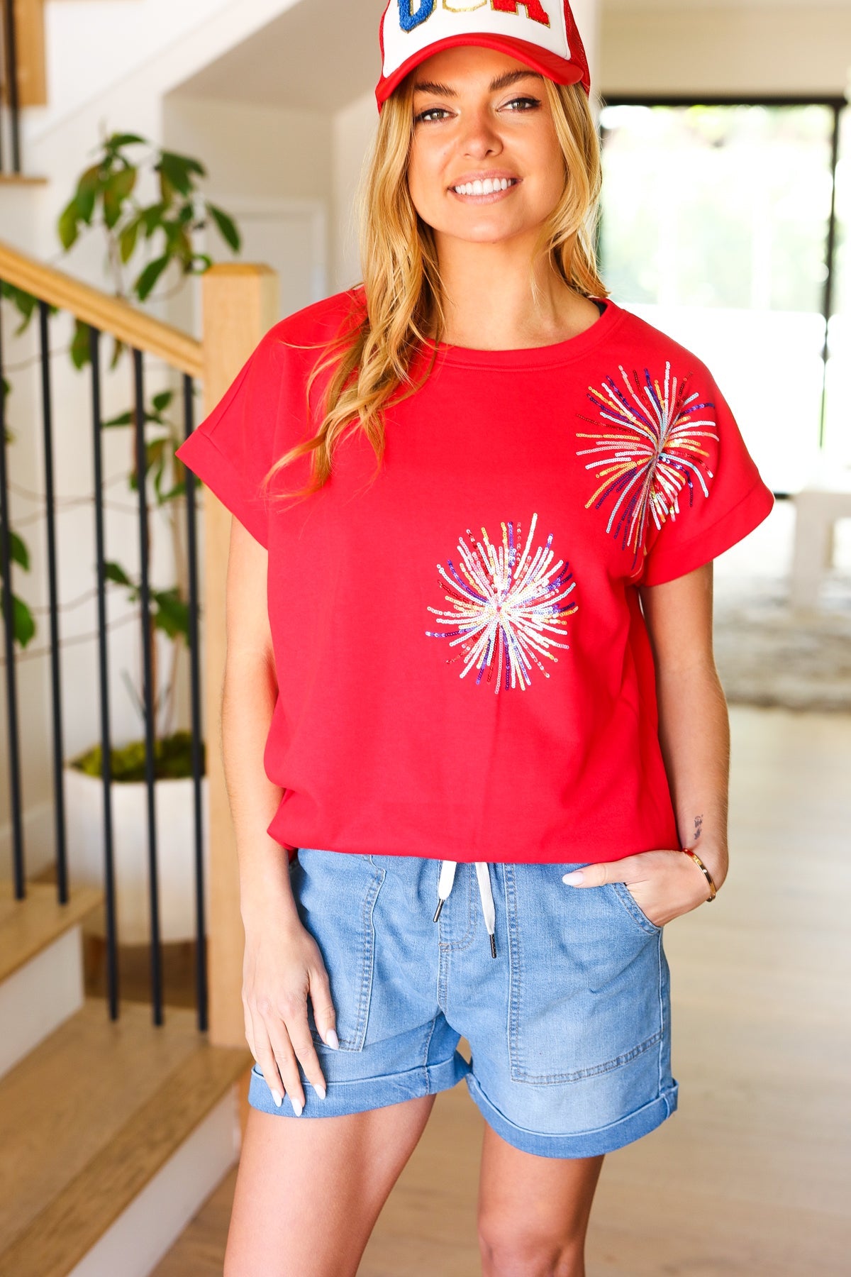 Light Me Up Sequin Firework Dolman Top in Red