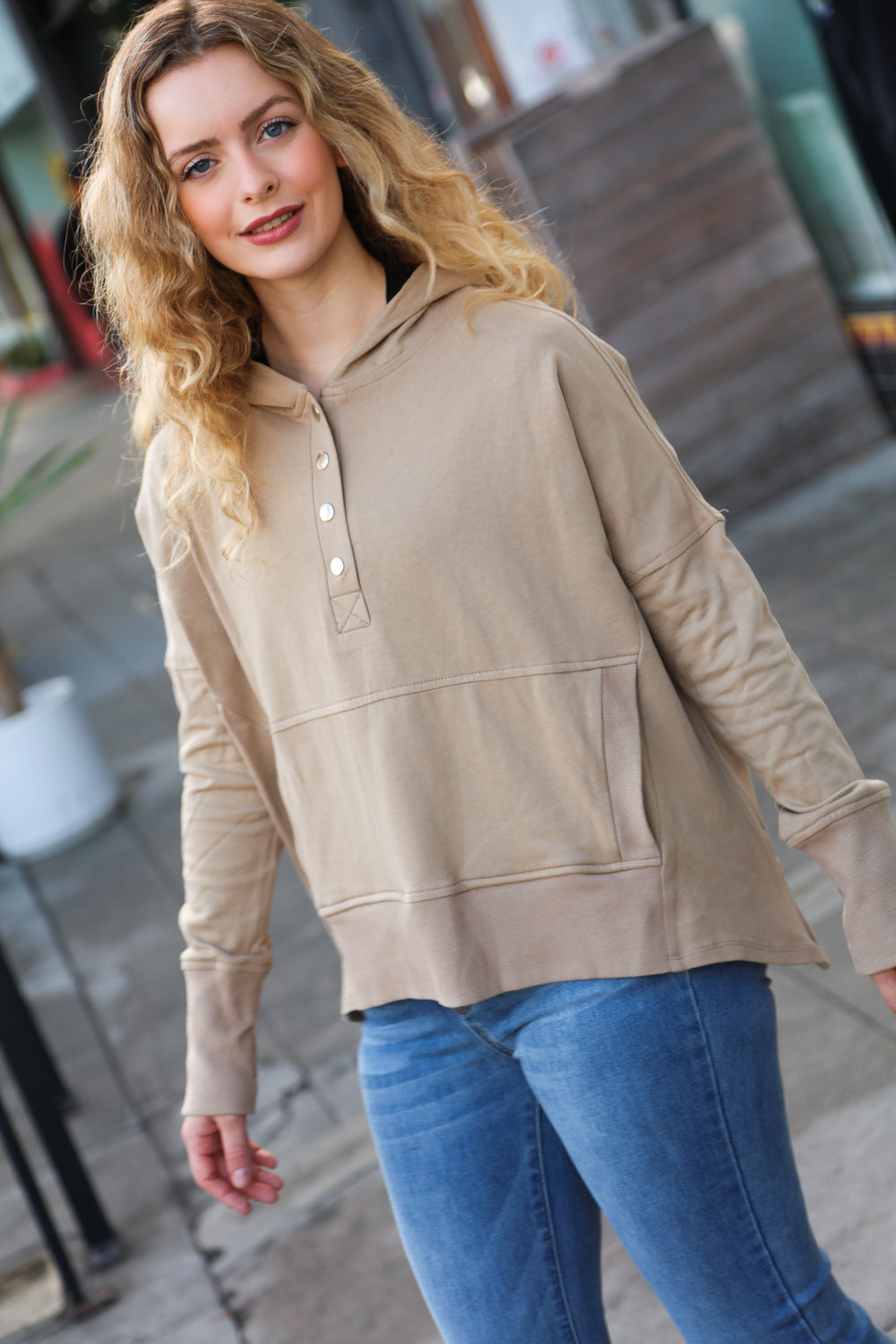 Join You Later French Terry Snap Button Hoodie - Taupe