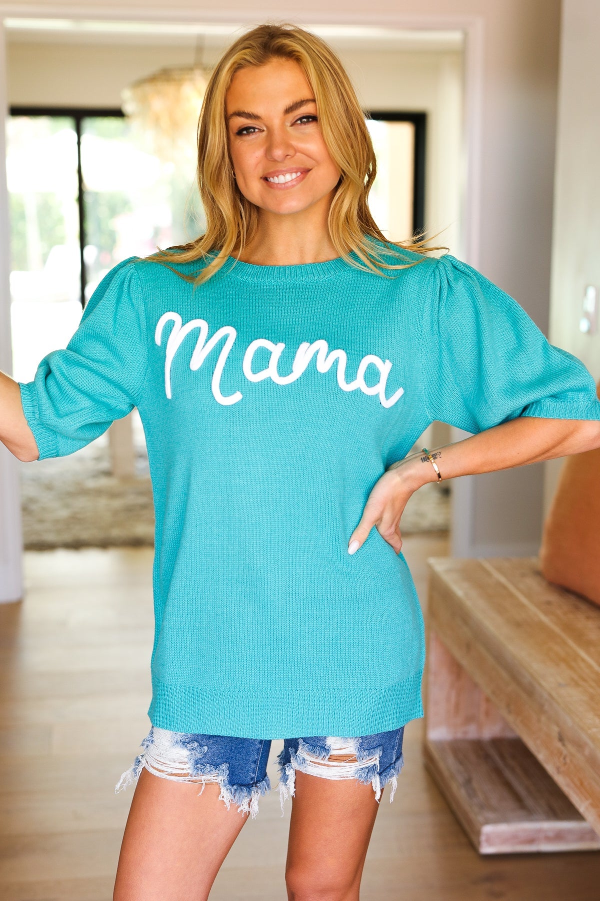 Take A Bow "Mama" Embroidery Pop-Up Top in Mint
