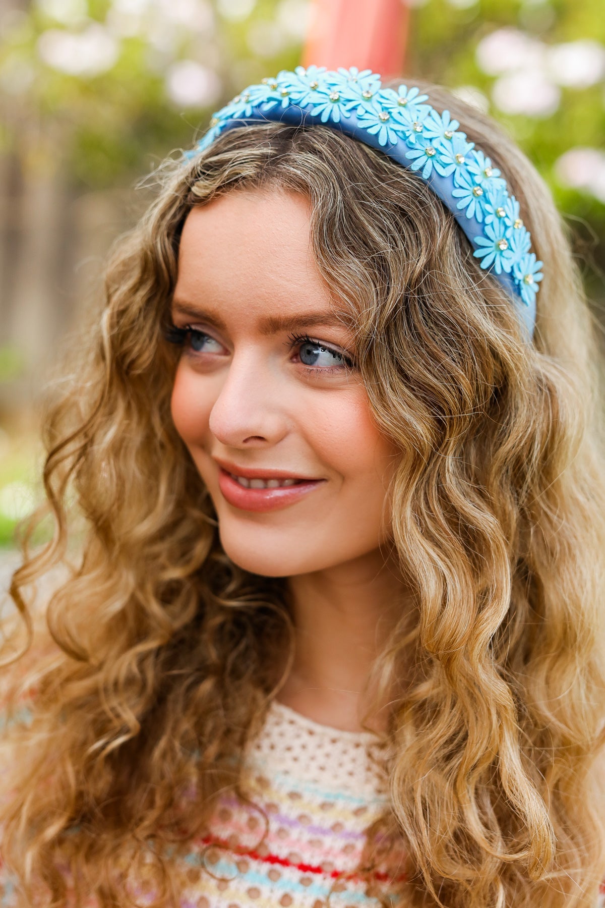 Satin Daisy Rhinestone Headband in Blue