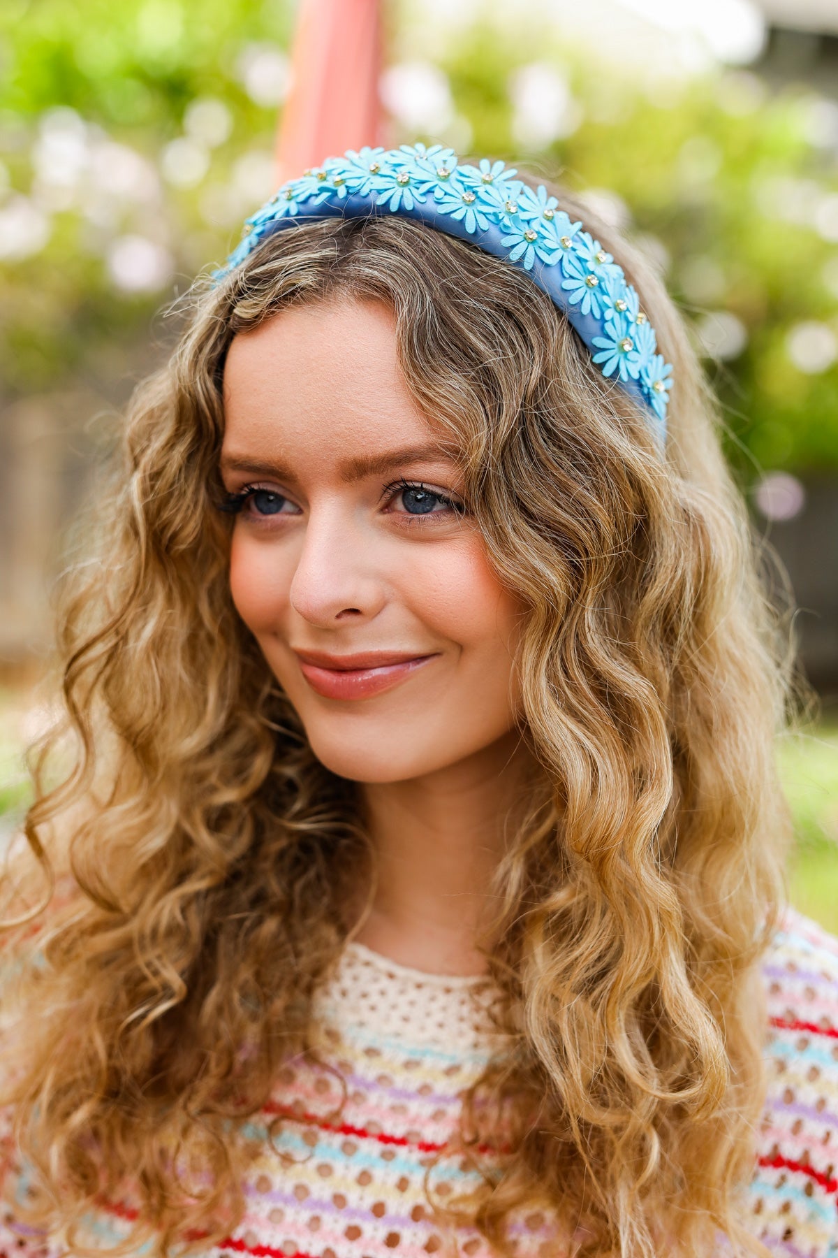 Satin Daisy Rhinestone Headband in Blue