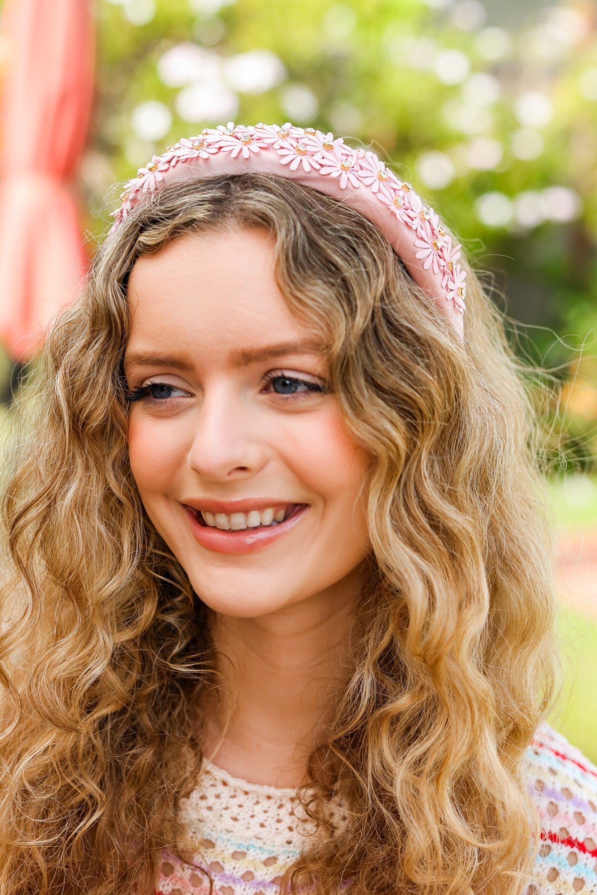 Satin Daisy Rhinestone Headband in Pink