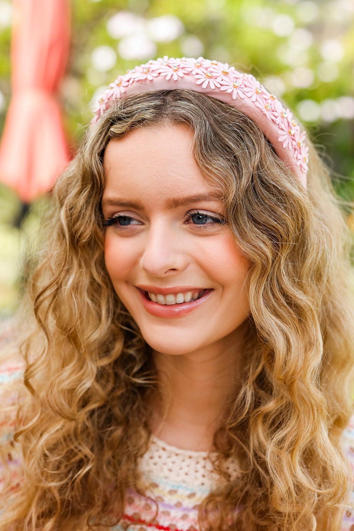 Satin Daisy Rhinestone Headband in Pink