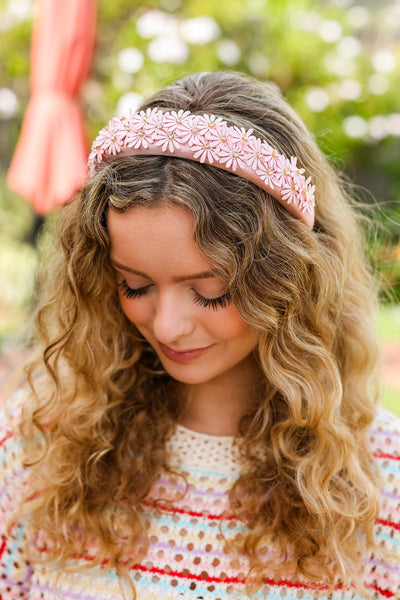 Satin Daisy Rhinestone Headband in Pink