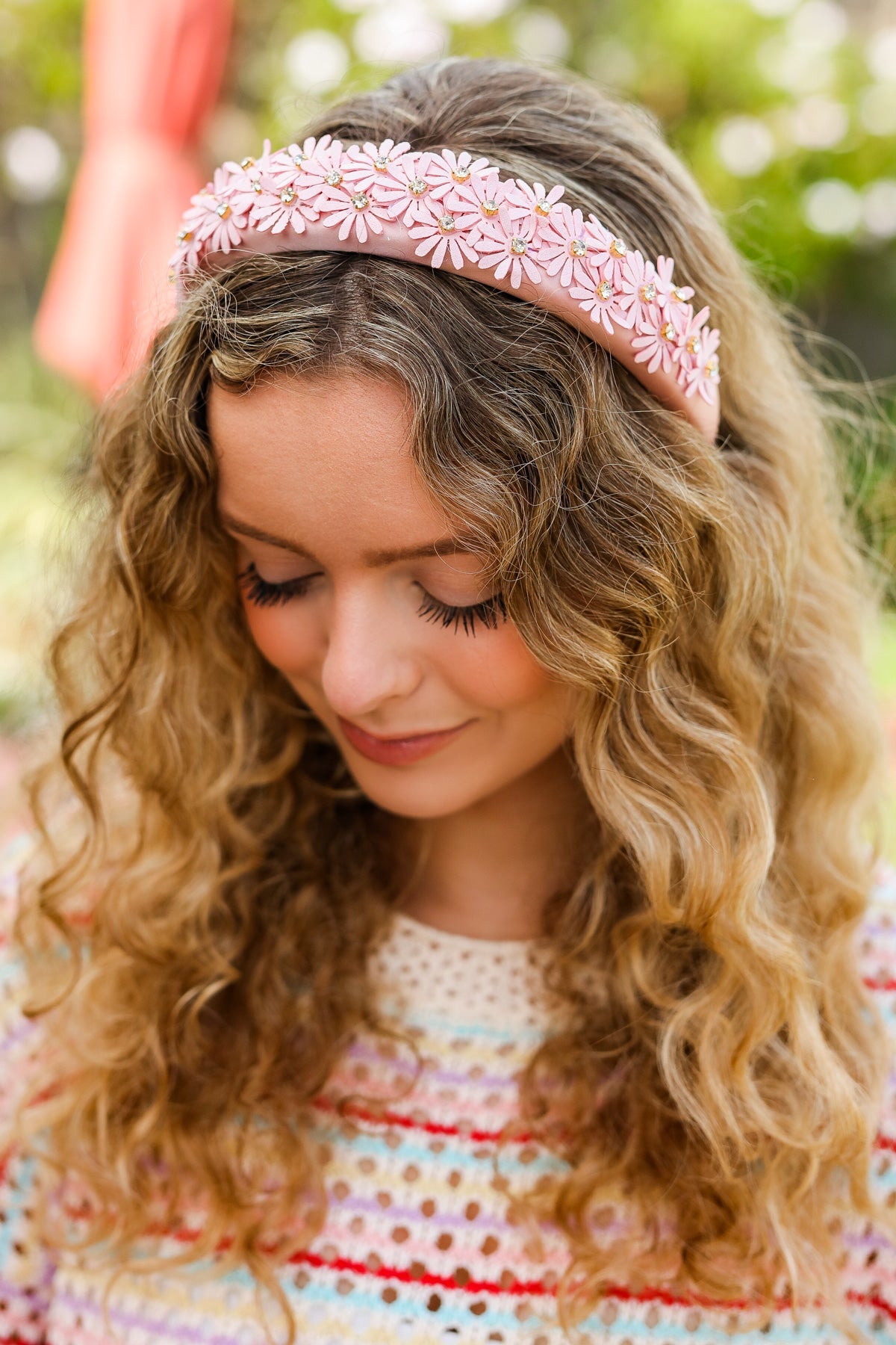 Satin Daisy Rhinestone Headband in Pink