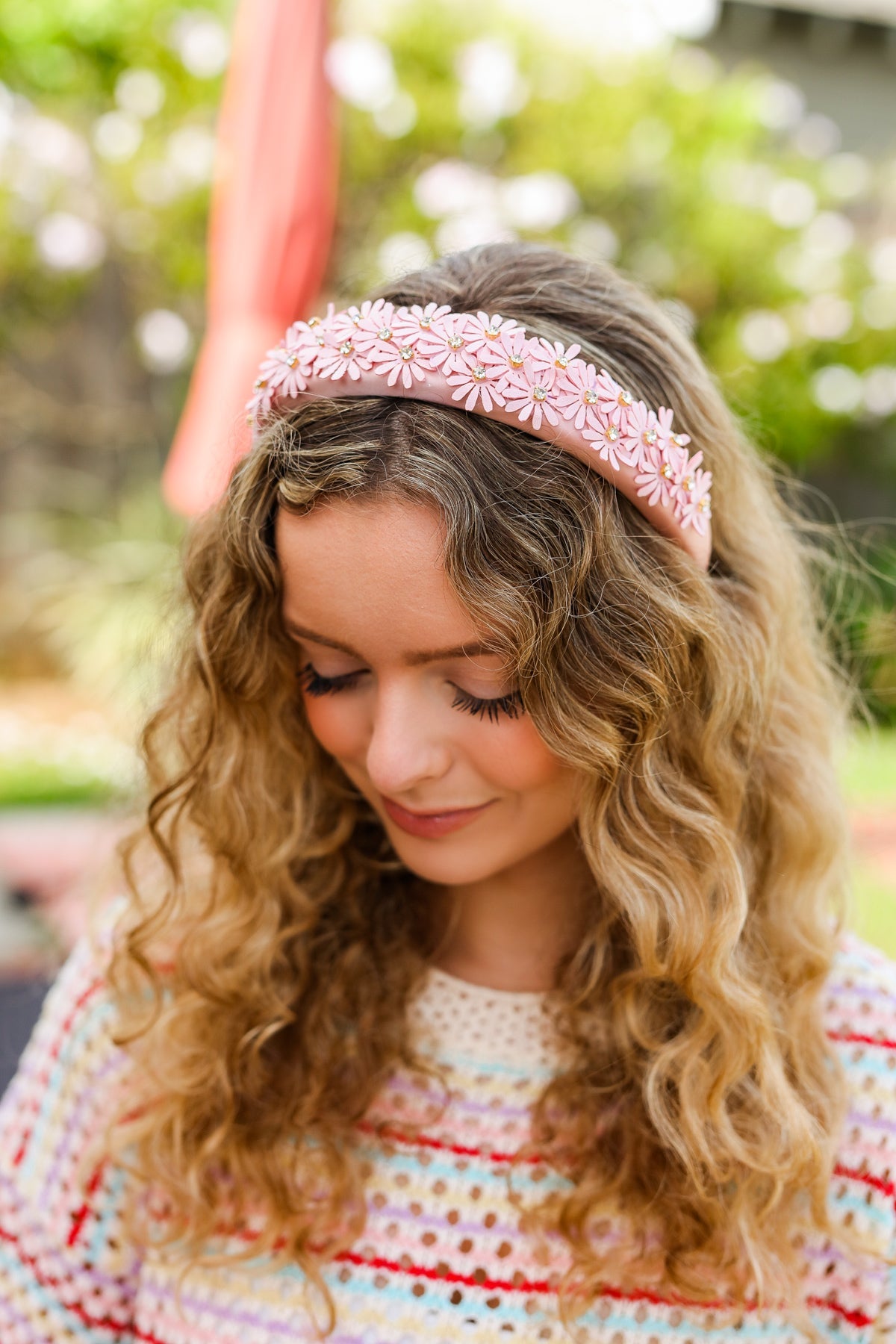 Satin Daisy Rhinestone Headband in Pink