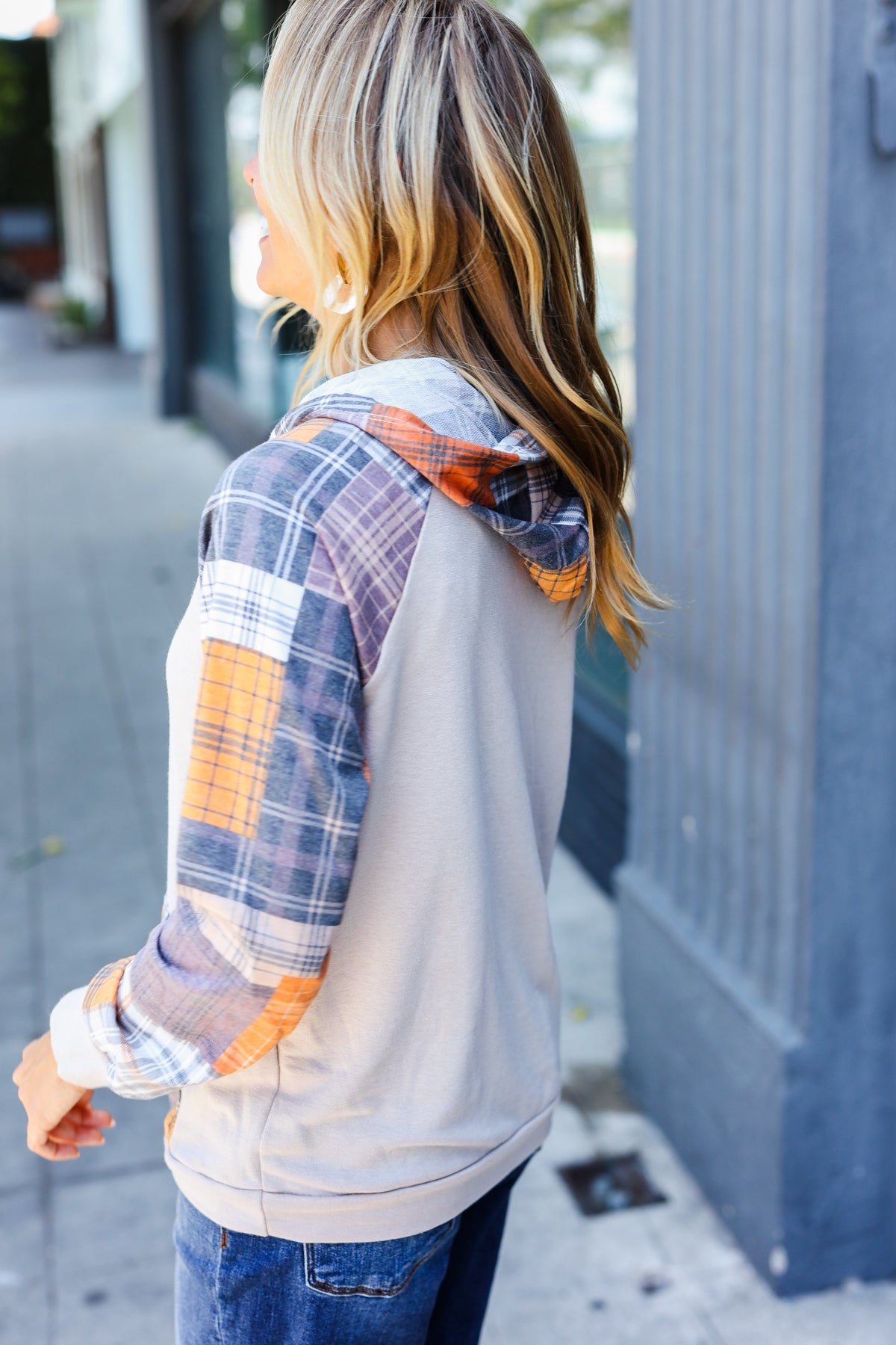 Orange & Taupe Plaid Terry Kangaroo Pocket Hoodie