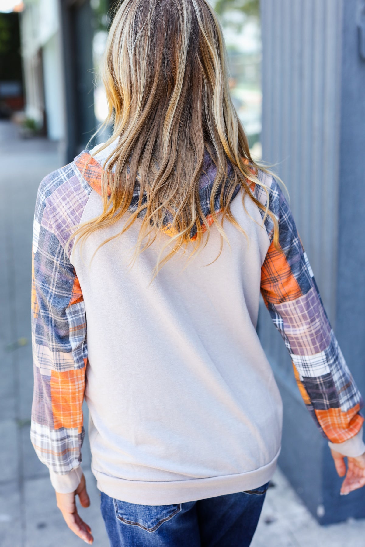 Orange & Taupe Plaid Terry Kangaroo Pocket Hoodie