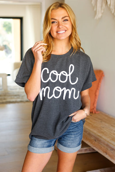 Take A Bow "Cool Mom" Embroidery Pop-Up Top in Charcoal