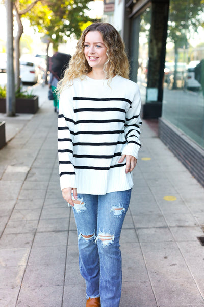 Stand Out Striped Oversized Knit Sweater - Ivory