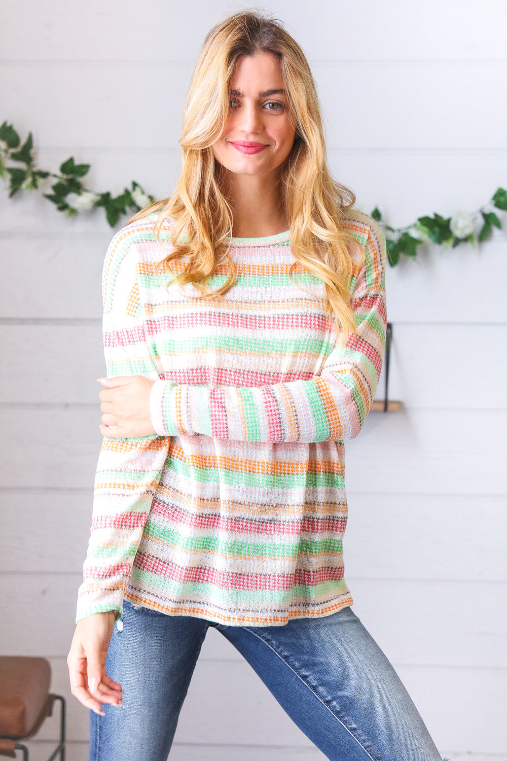 Green Apple & Tangerine Textured Vintage Stripe Top