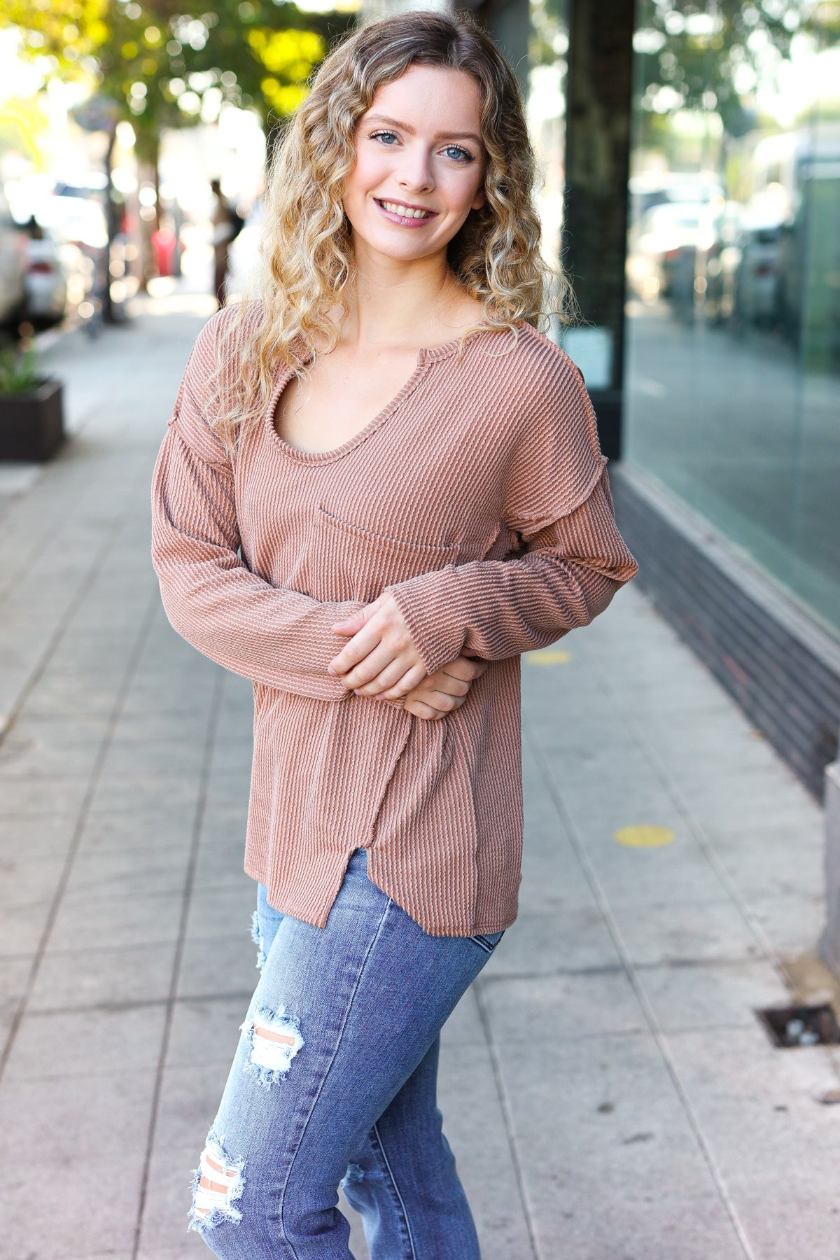 Eyes On You Long Sleeve Top - Camel