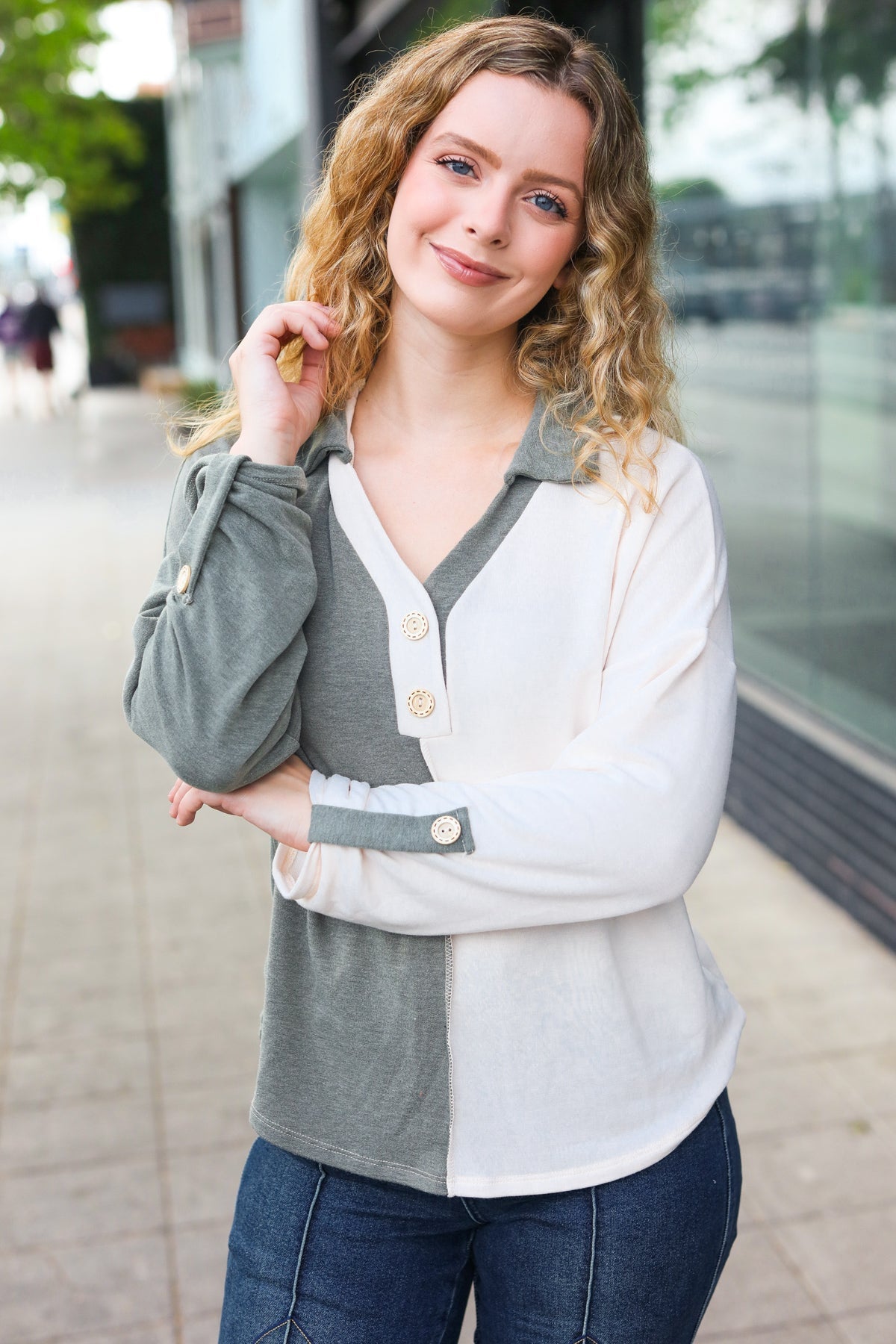 Start Your Day Half & Half Collared Notched Neck Top in Olive