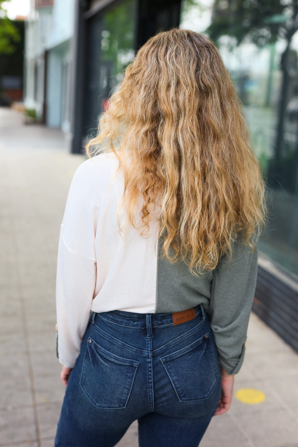 Start Your Day Half & Half Collared Notched Neck Top in Olive