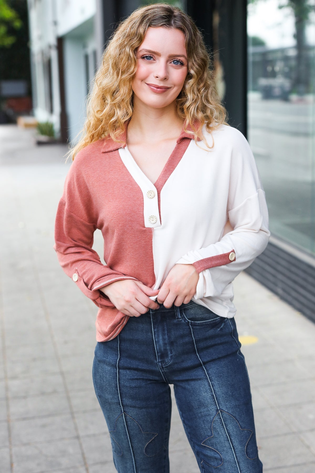 Start Your Day Half & Half Collared Notched Neck Top in Rust