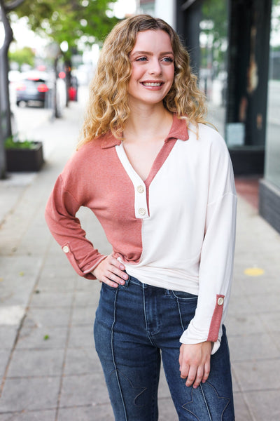 Start Your Day Half & Half Collared Notched Neck Top in Rust