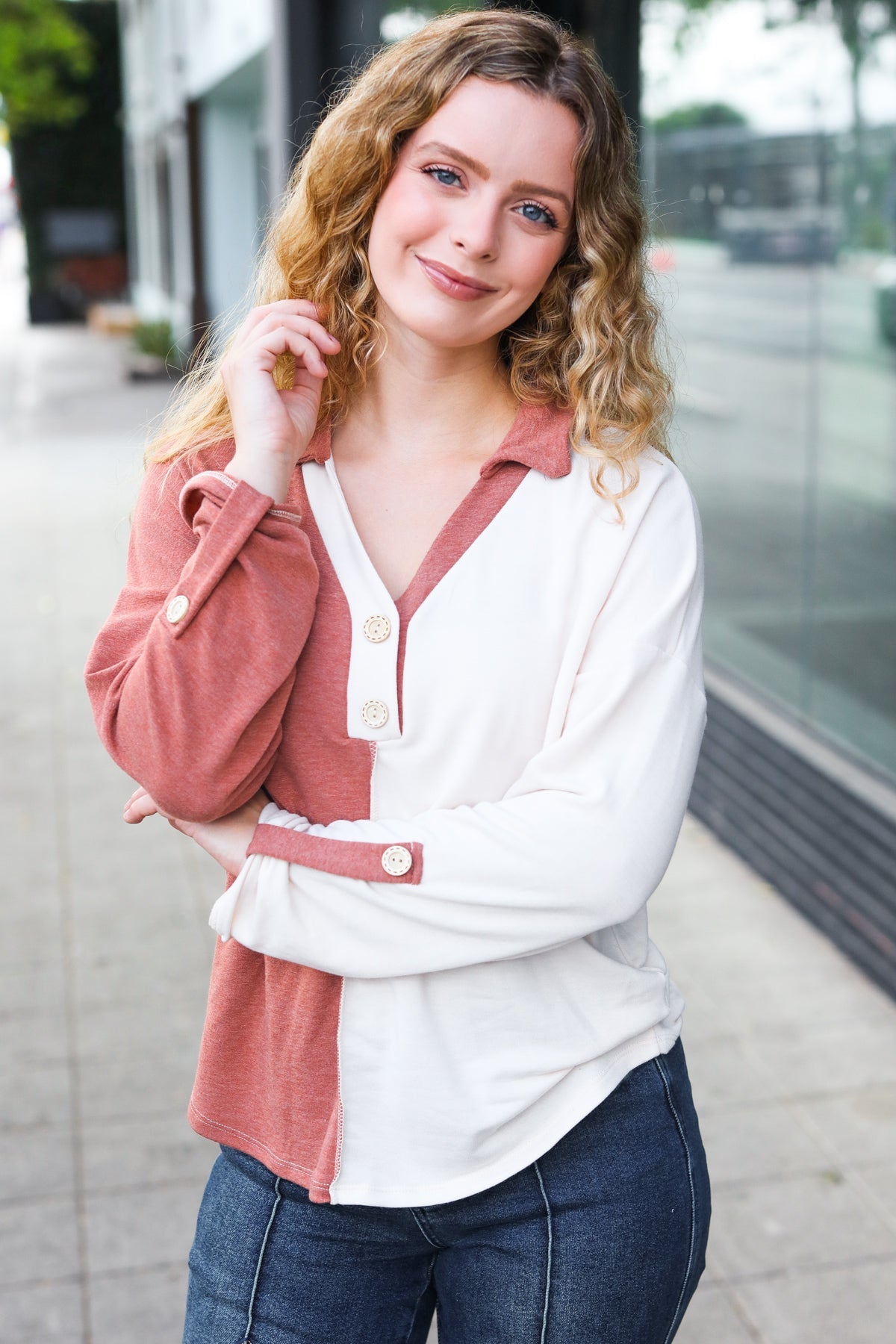 Start Your Day Half & Half Collared Notched Neck Top in Rust