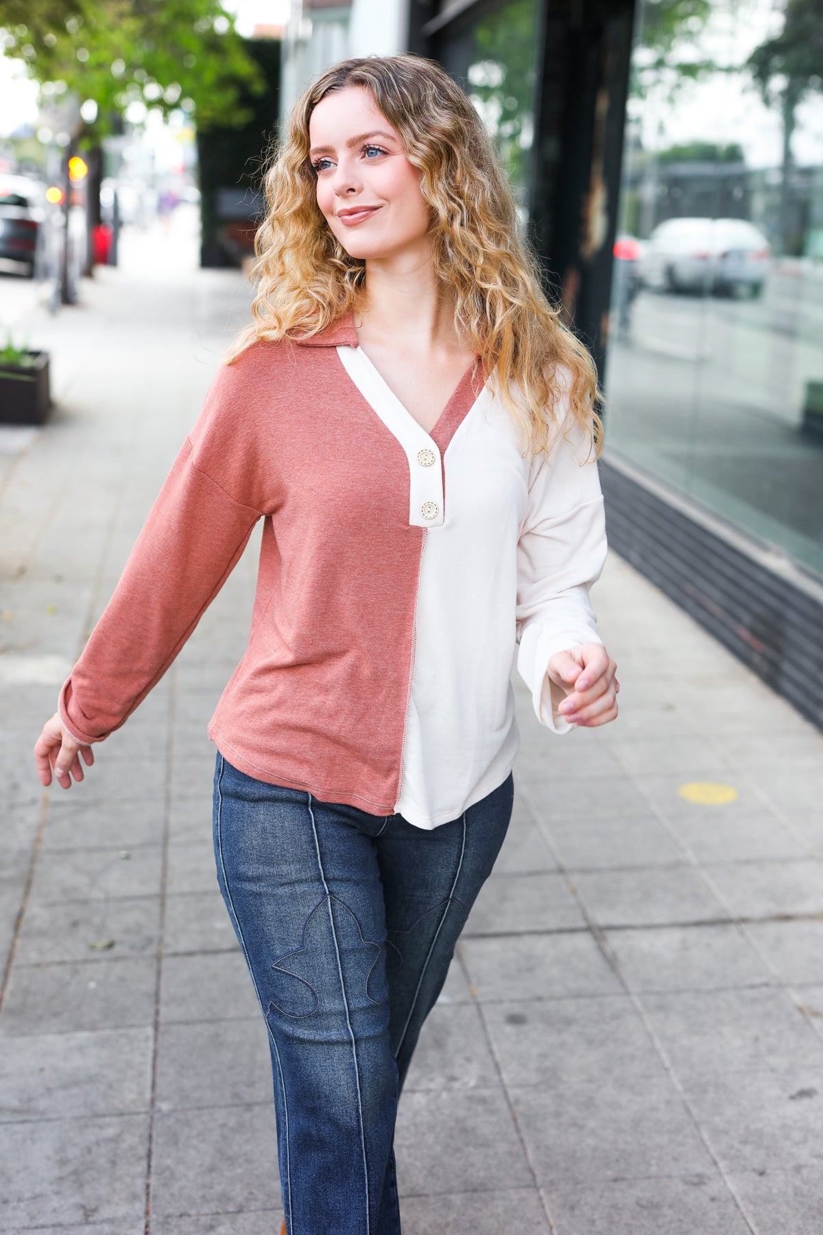 Start Your Day Half & Half Collared Notched Neck Top in Rust