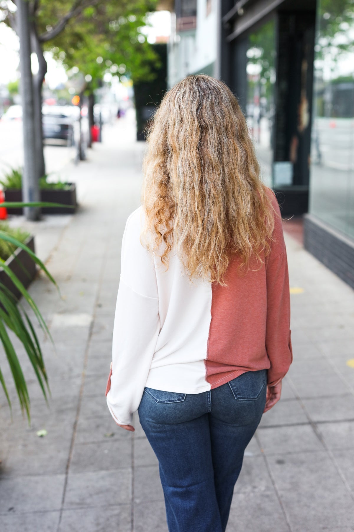 Start Your Day Half & Half Collared Notched Neck Top in Rust