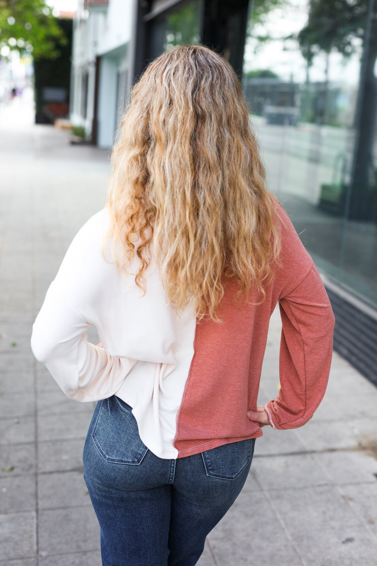 Start Your Day Half & Half Collared Notched Neck Top in Rust