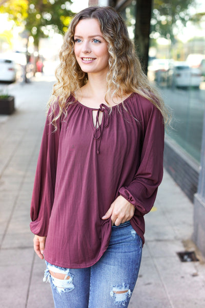 Versatile Wine Front Tie Modal Knit Peasant Top