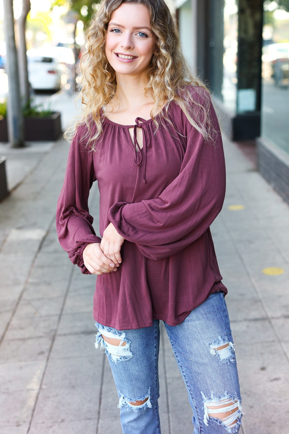 Versatile Wine Front Tie Modal Knit Peasant Top