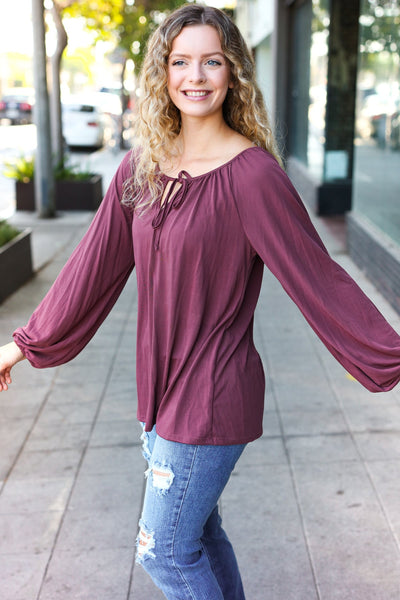 Versatile Wine Front Tie Modal Knit Peasant Top