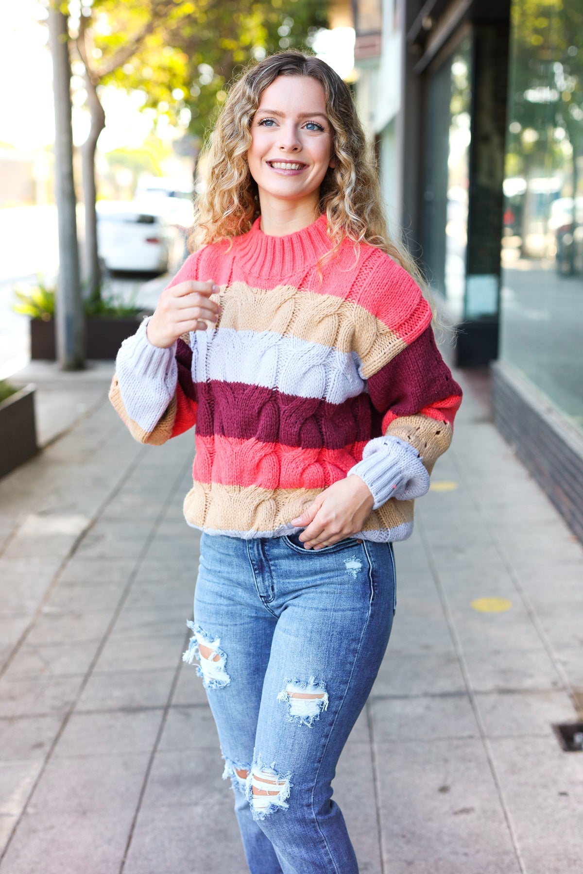 Fall For You Rust Multicolor Stripe Cable Knit Mock Neck Sweater