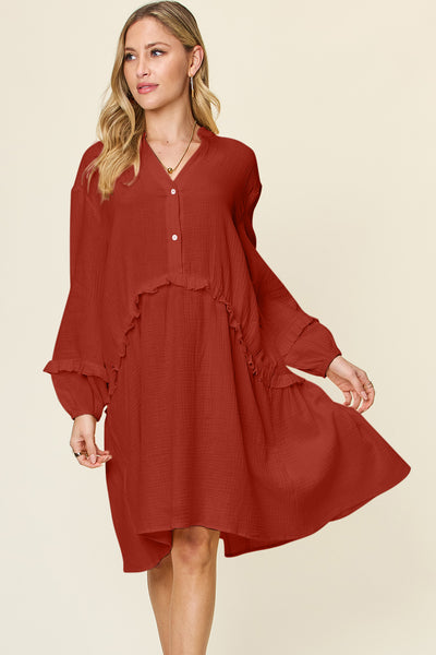 Double Take Seasons Texture Half Button Ruffle Dress