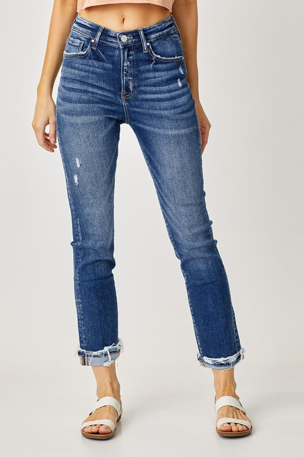 Risen Kaia High-Rise Frayed Cuffed Straight Jeans