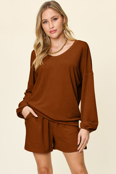 Texture V-Neck Long Sleeve T-Shirt and Shorts Set