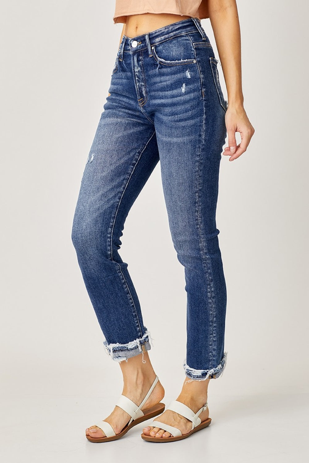 Risen Kaia High-Rise Frayed Cuffed Straight Jeans