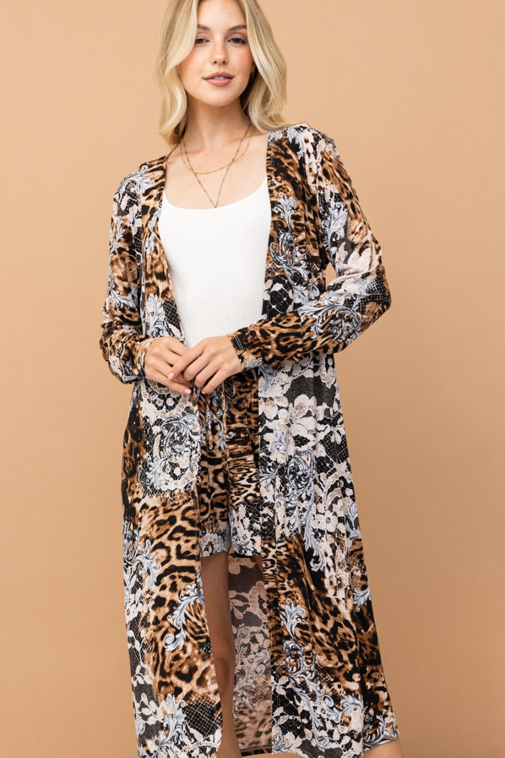 And The Why Open Front Longline Cardigan - Leopard