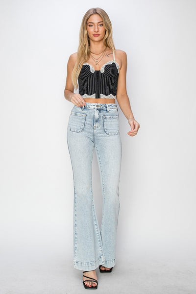 Risen Abigail High Rise Front Patch Pocket Flare Jeans