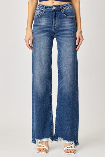 Risen Rosemary High Rise Frayed Hem Wide Leg Jeans