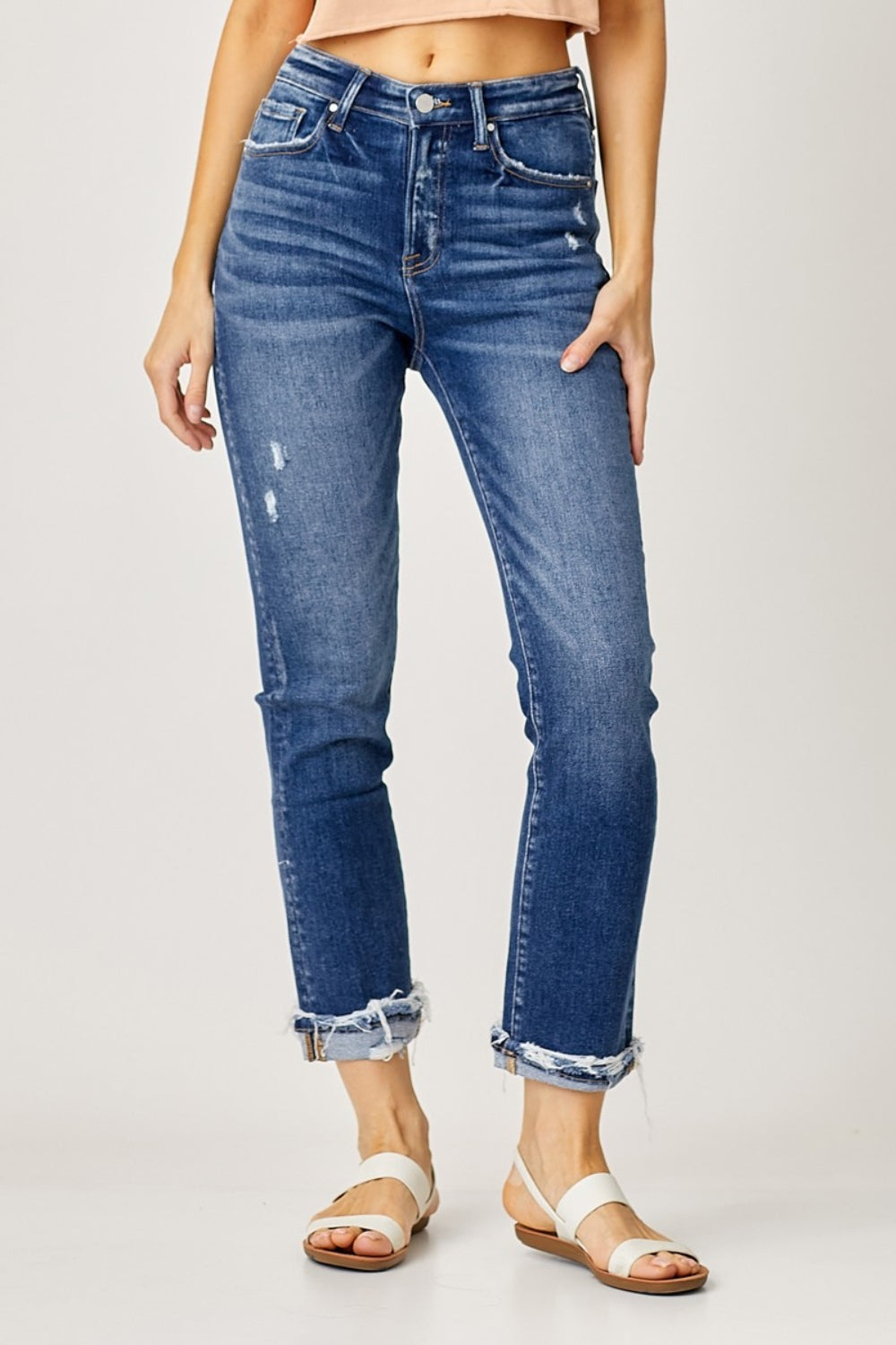 Risen Kaia High-Rise Frayed Cuffed Straight Jeans